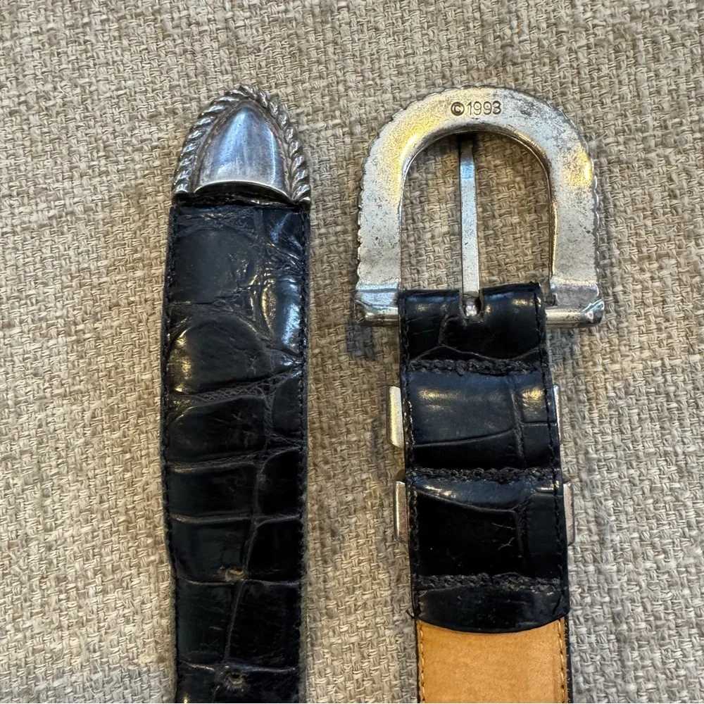 Vtg 1993 - Brighton - Alligator Embossed Leather Belt -Black & Silver - S/M